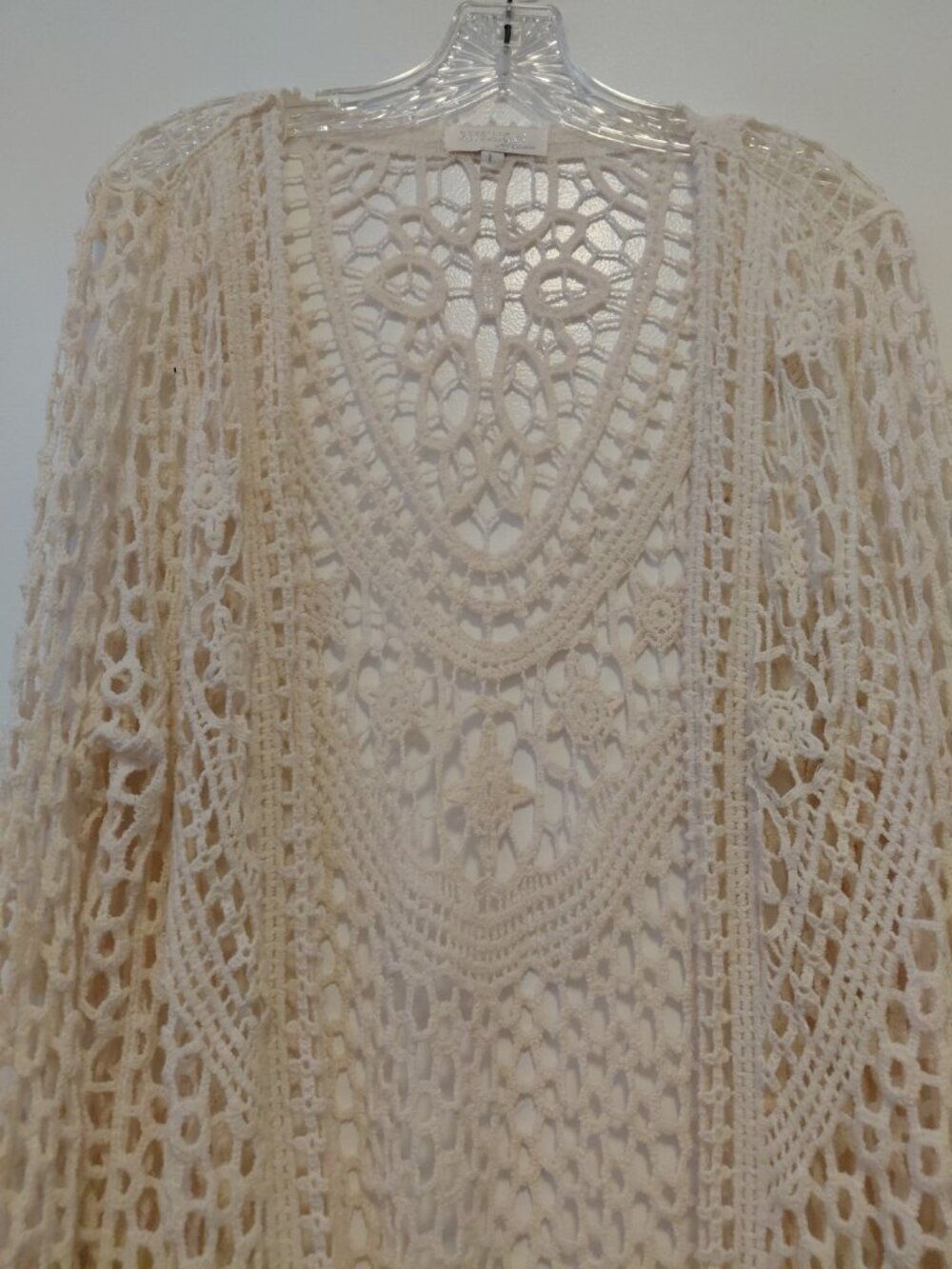 Rebellion Again Crochet Knit Open Front Cardigan Boho Beach Festival Ivory Large - Picture 2 of 6